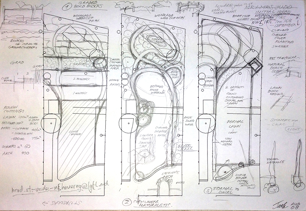 3 concept plans to scale of the ideas for the garden design, hand drawn with notes and diagrams